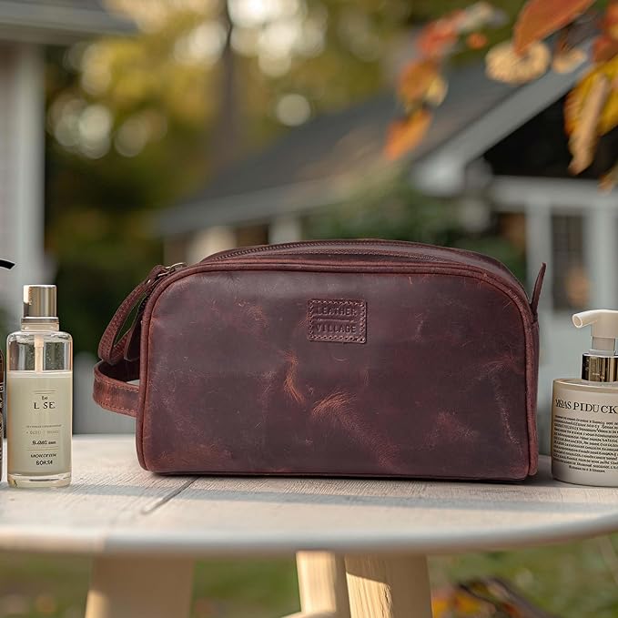 LEATHER VILLAGE Premium Leather Toiletry Travel Pouch With Waterproof Lining - Dark Brown | King-Size Handcrafted Vintage Dopp Kit Bag