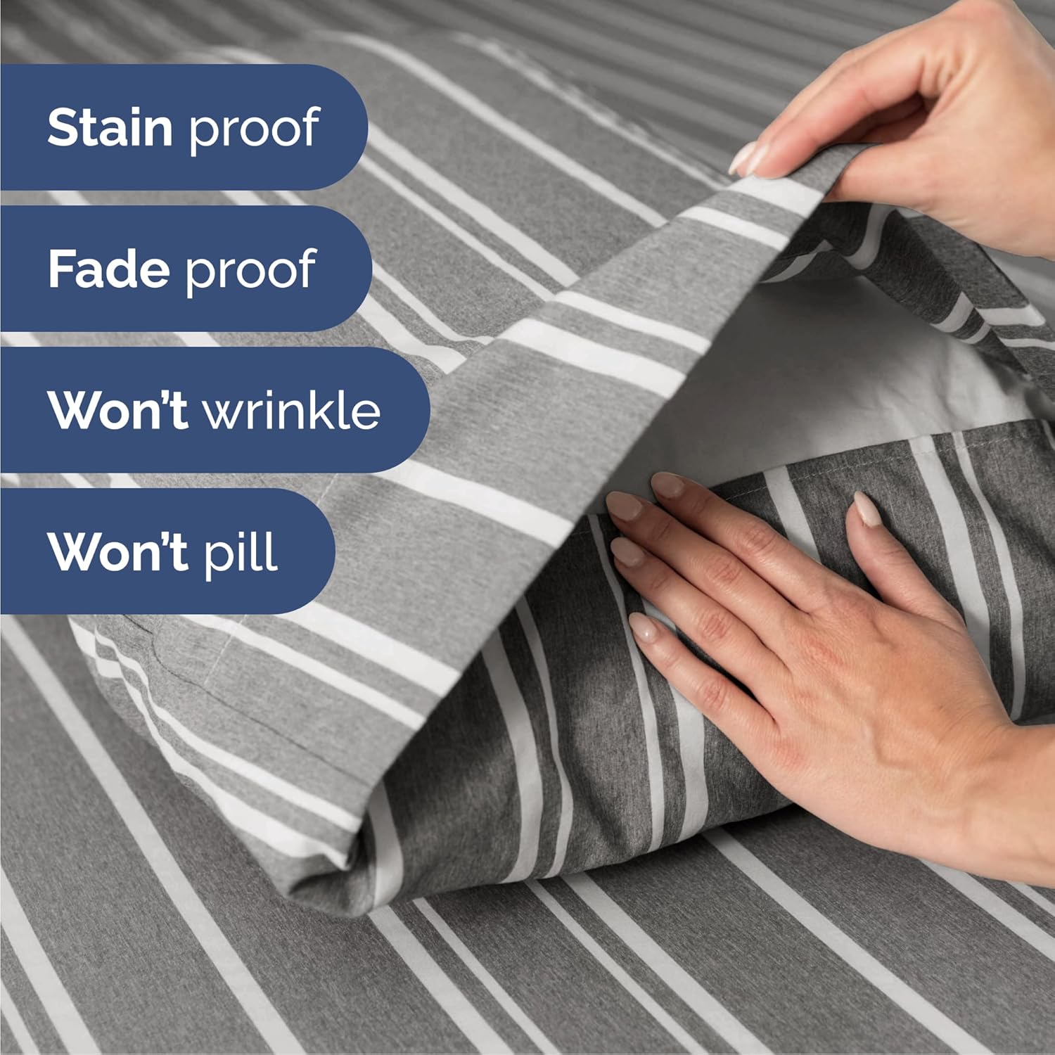 Cal King Size 4 Piece Sheet Set - Comfy Breathable & Cooling Bed Sheets Set - Hotel Luxury Bedding for Women, Men, Kids, Teens, Boys & Girls - Deep Pockets & Wrinkle Free - Oeko-Tex - Grey Stripes 3
