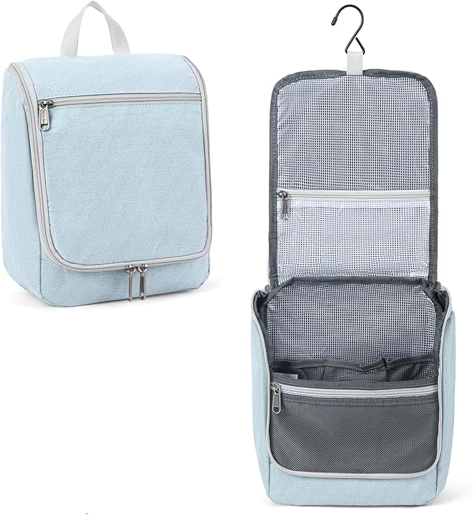 Della Gao Travel Toiletry Bag, Hanging Toiletry Bag for Men and Women, Water-resistant Makeup Bag Cosmetic Toiletries Organizer, Bathroom Bag, Sturdy Nylon, Light Blue
