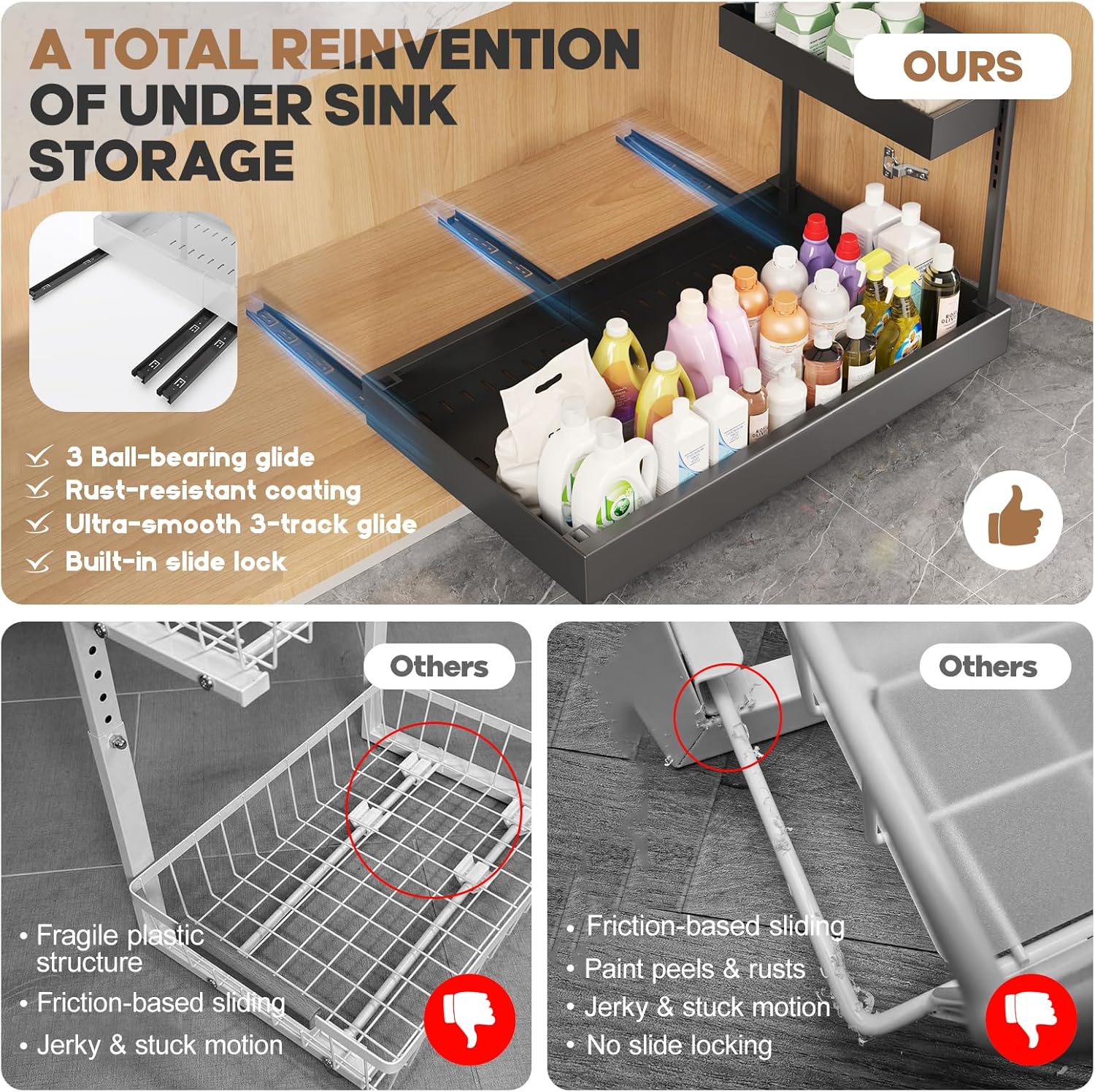 1-Pack L-Shape Expandable Under Sink Organizer with 3 Ball-Bearing Slide Rails,2-Tier Pull-Out Under Cabinet Storage Shelf for Kitchen & Bathroom,Height-Adjustable Slide-Out Cabinet Drawer-Black