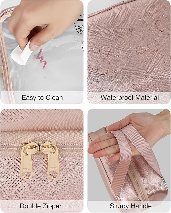 Travel Makeup Bag Hanging Toiletry Bag for Women Men TSA Approved Clear Bag Toiletries Waterproof Cosmetic Bag Toiletry Bag Travel Toiletry Organizer for Bathroom Shower, Rose Gold