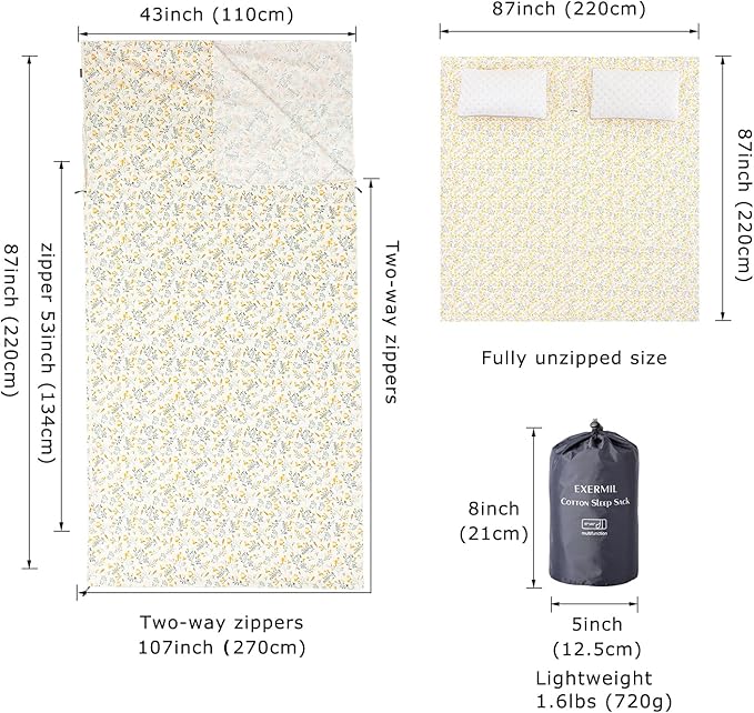 100% Cotton Sleeping Bag Liner with Full Length Zipper on 3 Sides; Single/Double Adult Sleep Sack for Travel & Camping, Multifunctional Travel Sheets (Unzipped 87”x87”) for Hotel, Lightweight