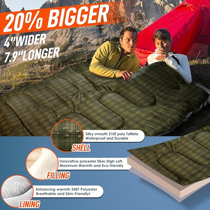 MEREZA Double Sleeping Bag for Adults Mens with Pillow, XL Queen Size Two Person Sleeping Bag for All Season Camping Hiking Backpacking 2 Person Sleeping Bags for Cold Weather & Warm