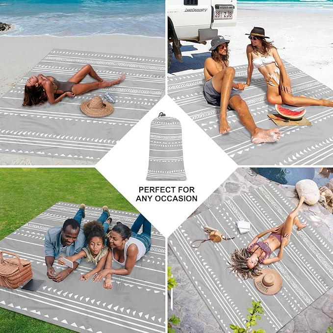 110''×118'' Extra Large Beach Blanket for 8 Adults, Outdoor Beach Mat Sand Free Waterproof with 4 Stakes & 4 Corner Pockets, Polyester Lightweight Foldable Grey Picnic Mat for Travel, Camping, Hiking