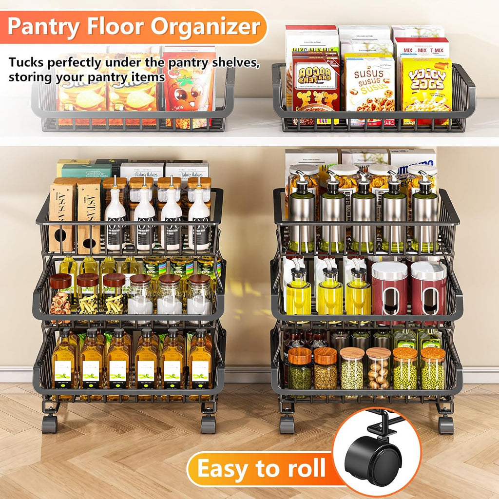 3-Tier Rolling Pantry Organizers and Storage Cart with Wheels – Stackable Wire Snack Cart for Kitchen, Pantry Shelves and Storage Rack for Fruit, Vegetables, Onion, Potato, 1 Pcs