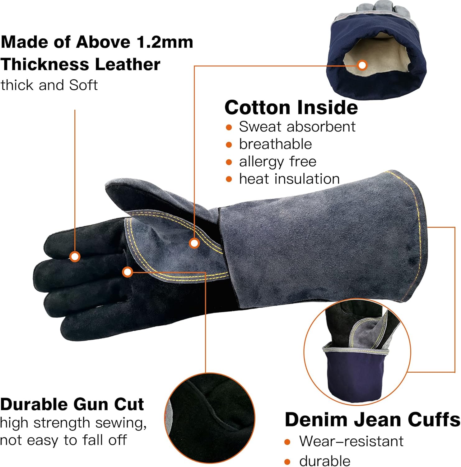 14 Inches,932℉,Leather Welding Gloves medium, Heat/Fire Resistant,Medium Mitts for BBQ,Oven,Grill,Fireplace,Tig,Mig,Forge,Baking,Furnace,Stove,Pot Holder,Animal Handling Glove.M Black-gray