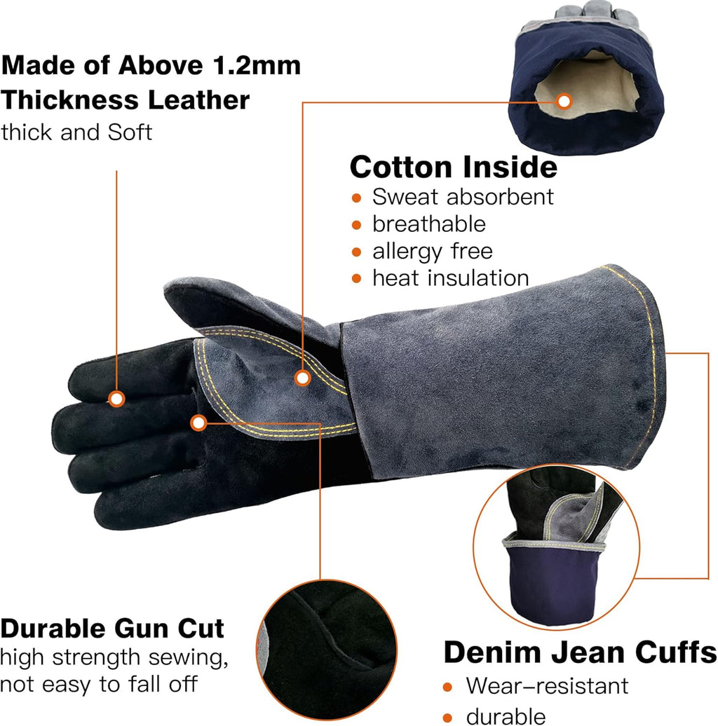 16 Inches,932℉,Leather Welding Gloves extra Large, Heat/Fire Resistant,Mitts for BBQ,Oven,Grill,Fireplace,Tig,Mig,Forge,Baking,Furnace,Stove,Pot Holder,Animal Handling Glove. XL, Black-gray