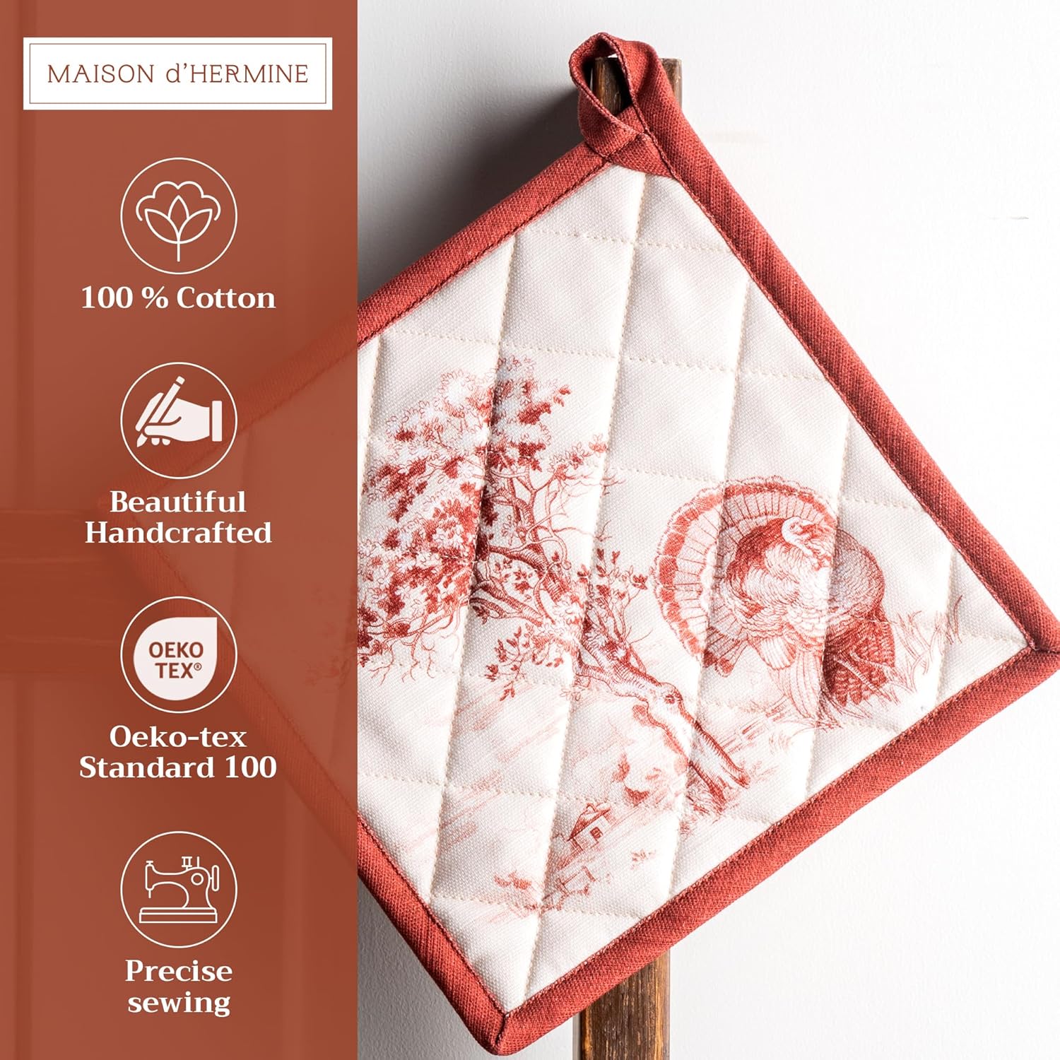 Maison d' Hermine Pot Holders Set 100% Cotton Heat Resistant Potholders 8" x 8" Hot Pads with Loop BBQ, Cooking, Baking, Grilling, Kitchen, Handling Hot Pans (Pack of 2, Holy Jouy - Red)