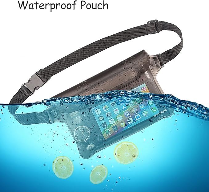 Waterproof Waist Pouch 2-Pack | Beach Accessories Fanny Pack for Swimming Snorkeling Sailing Kayaking Beach Pool Water Parks | Keep Your Phone Wallet Safe and Dry (White & Black)