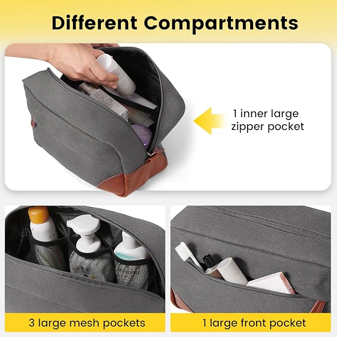 Vorspack Large Toiletry Bag Hanging Dopp Kit for Men Water Resistant Canvas Shaving Bag with Large Capacity for Home Travel - Light Grey