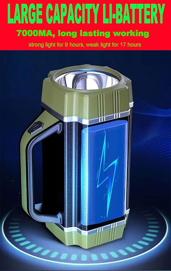 Rechargeable Solar LED Spotlight, Super Bright 13000LM Handheld LED Searchlight, Multi Function Camping Lantern Flashlight, 6 Light Modes, Power Bank, IPX4 Waterproof, for Emergency, Hiking, Home