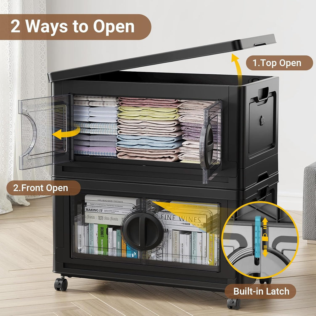 480Qt Lockable Stackable Storage Bins with Lids, Closet Organizers and Storage Drawer, Collapsible Storage Bin with Wheels, Plastic Cabinet for Toy Clothes Dorm Organizer, V9 4 Pack Black