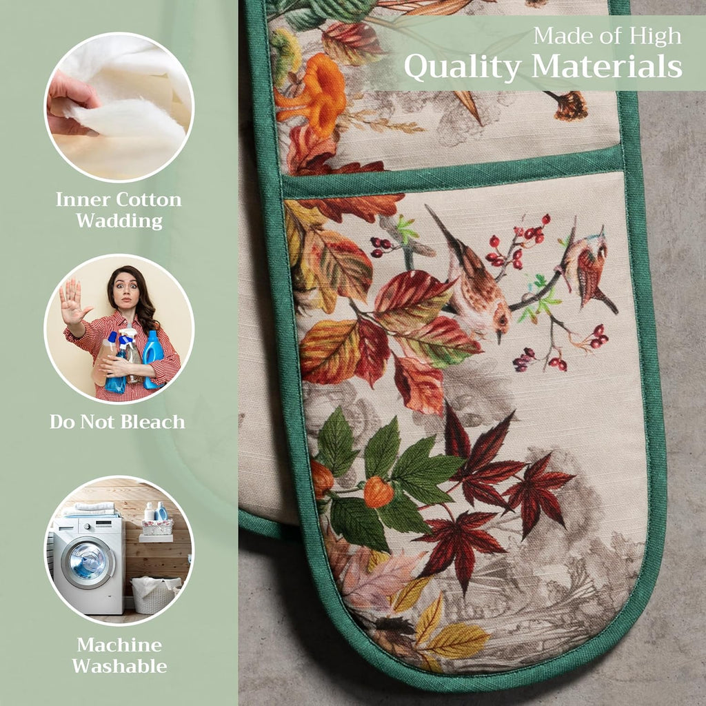 Maison d' Hermine Double Oven Mitts 100% Cotton 7"x35" Double Oven Mitt Heat Resistant BBQ Cooking Gloves with Loop, Baking, Grilling, Home, Kitchen, Handling Hot Pans (Recolte)