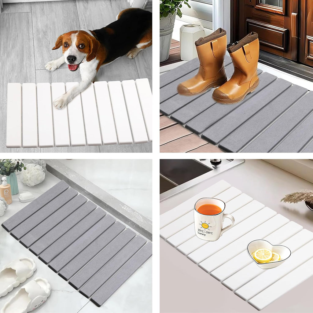 Quick Dry Collapsible Dish Drying Mat, Eco-Friendly Absorbent Diatomaceous Earth Mats for Dishes Bottles Cups 24"×16"Large Stone Dish Drying Mats for Kitchen Counter (White, 24"（L）×16"（W）)