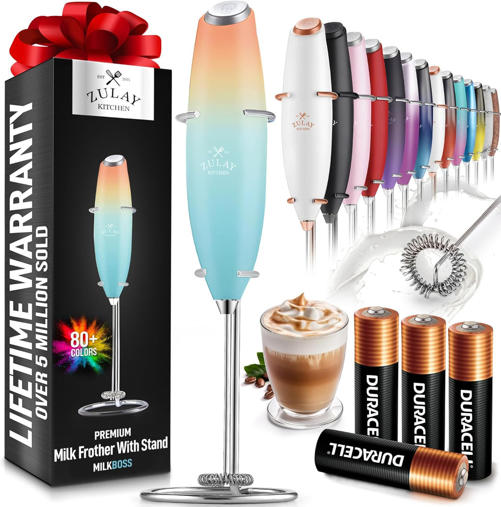 Zulay Kitchen Powerful Milk Frother Wand With 4 AA Duracell Batteries - Ultra Fast Handheld Drink Mixer - Electric Whisk Foam Maker for Coffee, Lattes, Cappuccino, Matcha & Creamer -