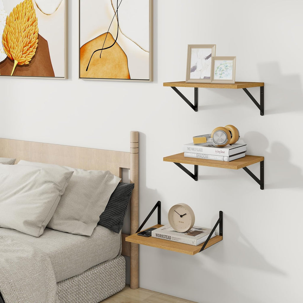 Heimlove Deep Floating Shelves for Wall, 12 Inch Deep Floating Shelves Set of 3, 16W x 12D Wood Wall Shelves, Wide Wood Shelves with Metal Bracket for Living Room, Kitchen, Office, Bedroom - Oak