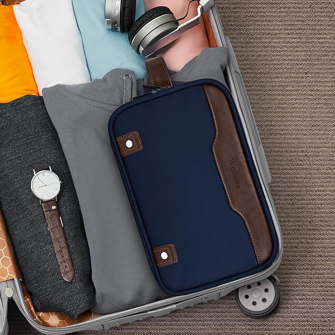 Wedama Toiletry Bag for Men, Medium Hanging Travel Toiletry Bag, Extra Electronic Organizer Bag Waterproof Shaving Bag for Toiletries with PU Handle for Travel Business Trips Swim Camping, Blue