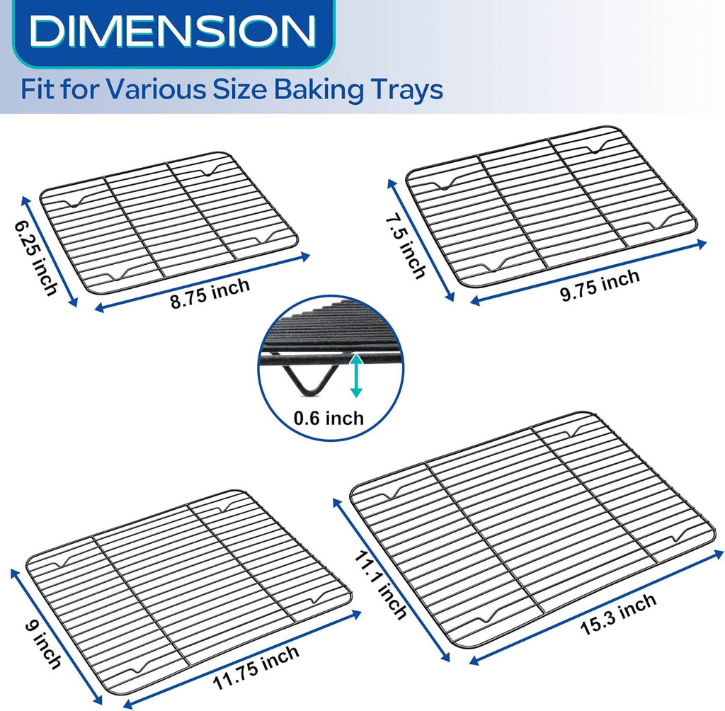TeamFar Cooling Rack Set of 4, Stainless Steel Black Non-Stick Coated Various Size Wire Baking Roasting Rack for Baking Sheet Toaster Oven Pan, Non-Toxic & Non-Stick, Heavy Duty & Easy Clean