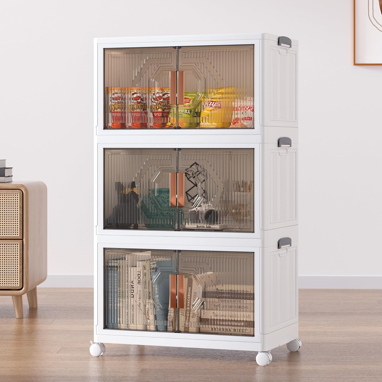 VECELO 19 Gal Stackable Storage Bins with Lid, 3 Pack Plastic Collapsible Storage Cabinet, Foldable Folding Box Organizer/Storage Container Cart with Wheel and Double Door for Home Office, White