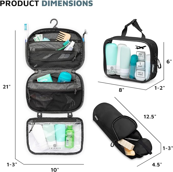 Toiletry Bag Kit Set: Hanging Travel Toiletry Bag + 311 TSA Cosmetic Liquid Bag + Ultralight Accessory Organizer Pouch