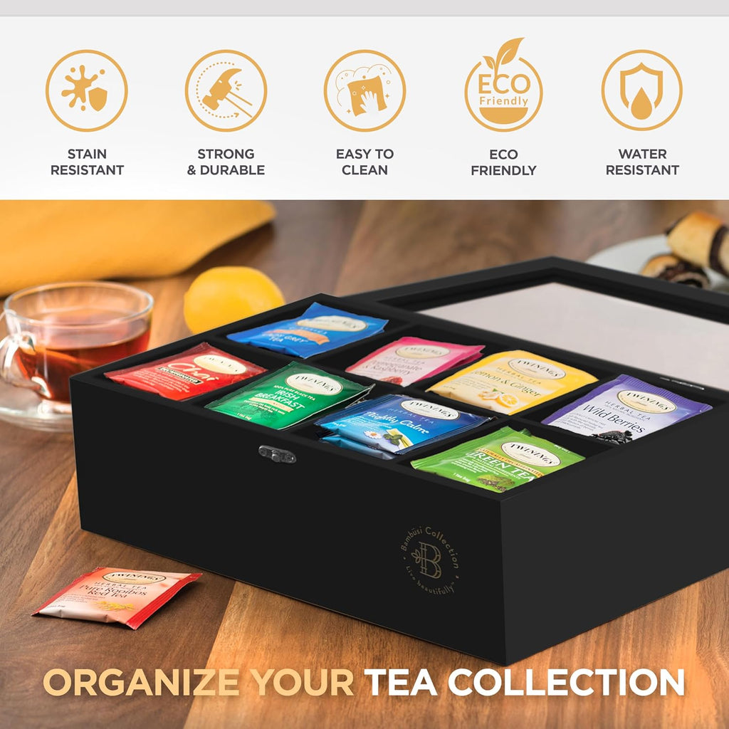Bambüsi Tea Bag Organizer - Bamboo Tea Box Organizer Storage Box, Tea Bag Holder with Acrylic Window, Magnetic Lid Keeps Tea Bags Fresh - Ideal Gifts Tea Organizer Caddy (Tea Not Included) - Black