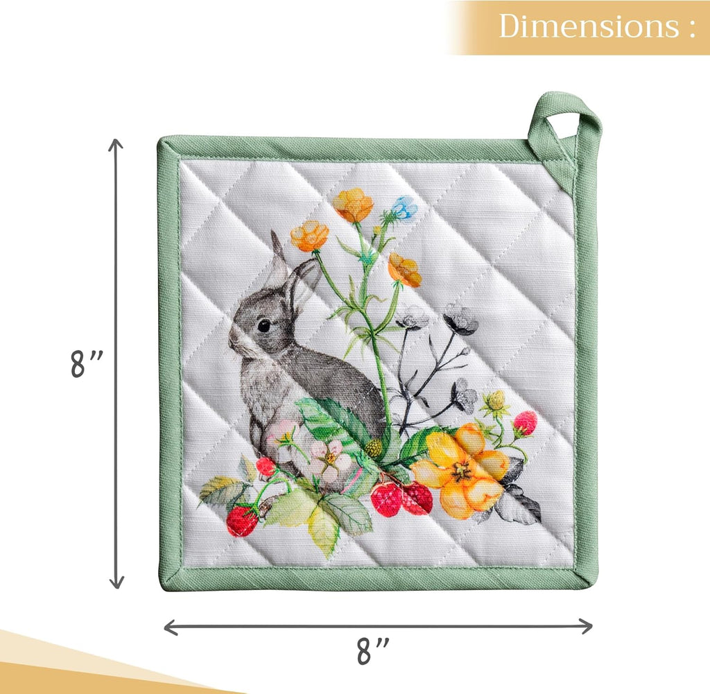 Maison d' Hermine Pot Holders 100% Cotton Heat Resistant Potholders 8" x 8" Hot Pads with Loop BBQ, Cooking, Baking, Grilling, Kitchen, Handling Hot Pans Spring/Summer (Pack of 1, Printemps)