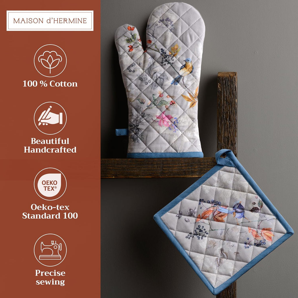 Maison d' Hermine 100% Cotton Oven Mitt & Pot Holder Set (7.5"x13" & 8"x8") Heat Resistant BBQ Cooking Gloves with Loop, Baking, Grilling, Kitchen, Handling Hot Pans (Equinoxe - Grey)