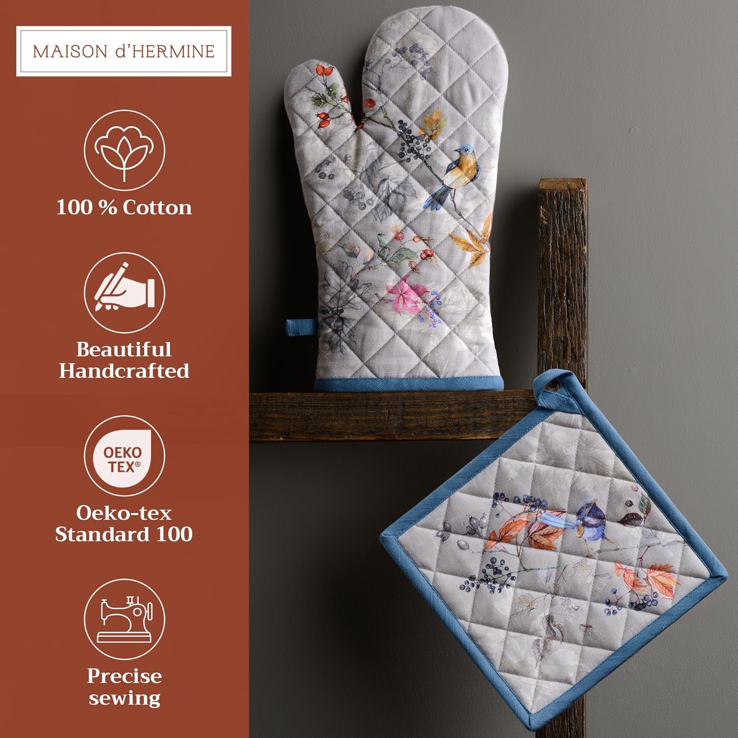 Maison d' Hermine 100% Cotton Oven Mitt & Pot Holder Set (7.5"x13" & 8"x8") Heat Resistant BBQ Cooking Gloves with Loop, Baking, Grilling, Kitchen, Handling Hot Pans (Equinoxe - Grey)