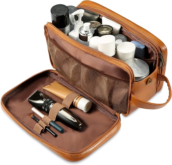 Personalized Leather Travel Toiletry Bag for Men, Large Travel Bathroom Shaving Dopp Kit, Large Cosmetic Bag Waterproof