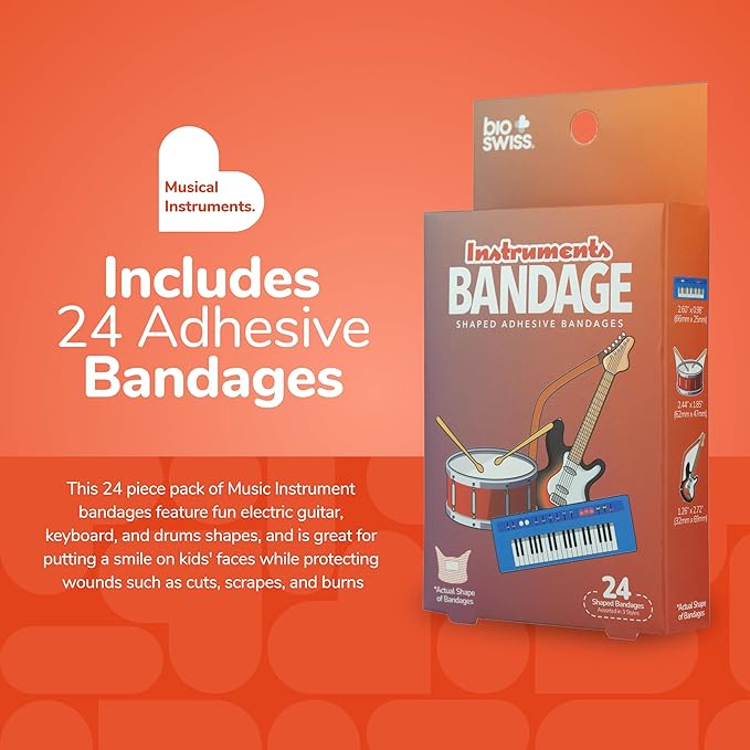 BioSwiss Bandages, Musical Instruments Shaped Self Adhesive Bandage, Latex Free Sterile Wound Care, Fun First Aid Kit Supplies for Kids and Adults, 24 Count