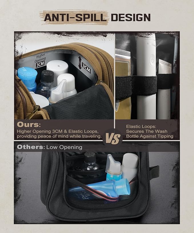 ARCFOX Travel Hanging Toiletry Bag for Men, Vintage Canvas Large Toiletry Bag with 7 Compartments, Camping Gym Travel Toiletry Kit Organizer with PVC Wet & Dry Pockets, Personalized Wash Bag, Brown