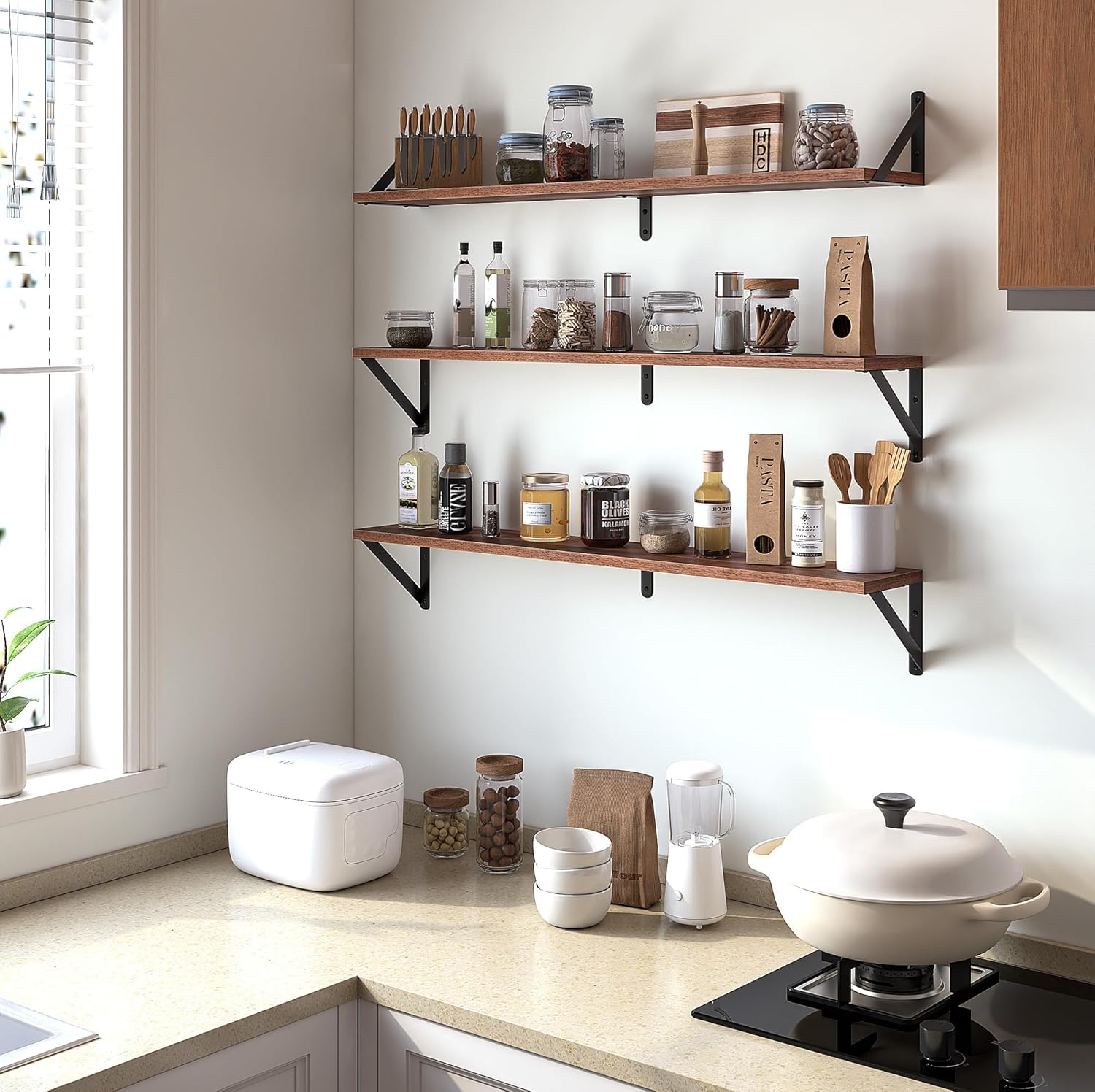 Heimlove Floating Shelves for Wall, 36 Inch Long Wood Floating Bookshelf Set of 3, Wall Mounted Hanging Shelf for Bathroom Bedroom Kitchen, Walnut