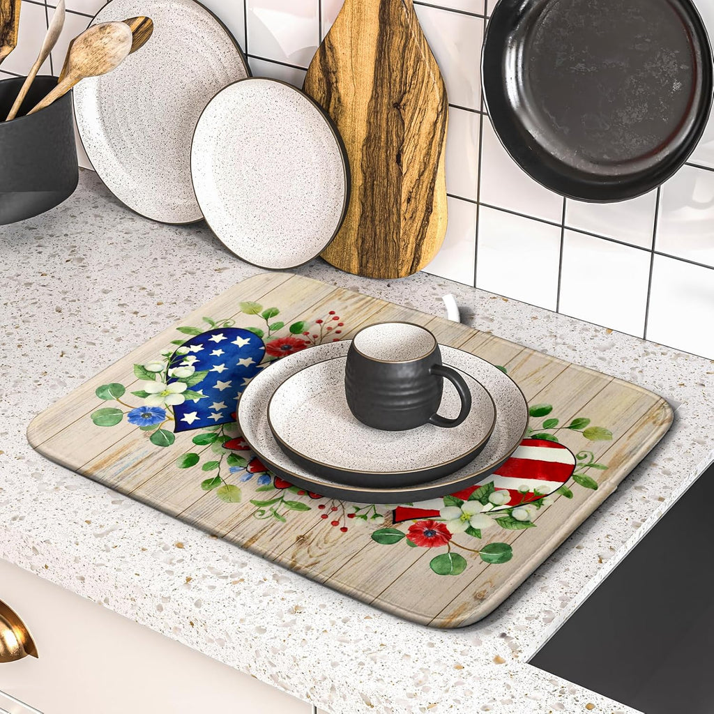 Independence Day Dish Drying Mat 16x18 inch Patriotic Love Heart Fast Dry Microfiber Dishes Drainer Rack Pad Kitchen Counter Accessories