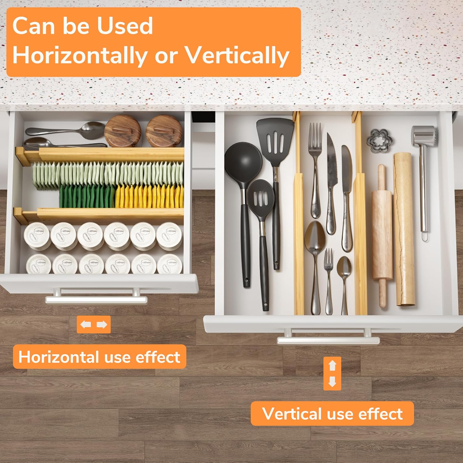 BAMEOS 4 PCS Bamboo Drawer Divider Adjustable Drawer Dividers Kitchen Drawer Organization Utensil Organizers for Kitchen Dresser Bathroom Bedroom and Office