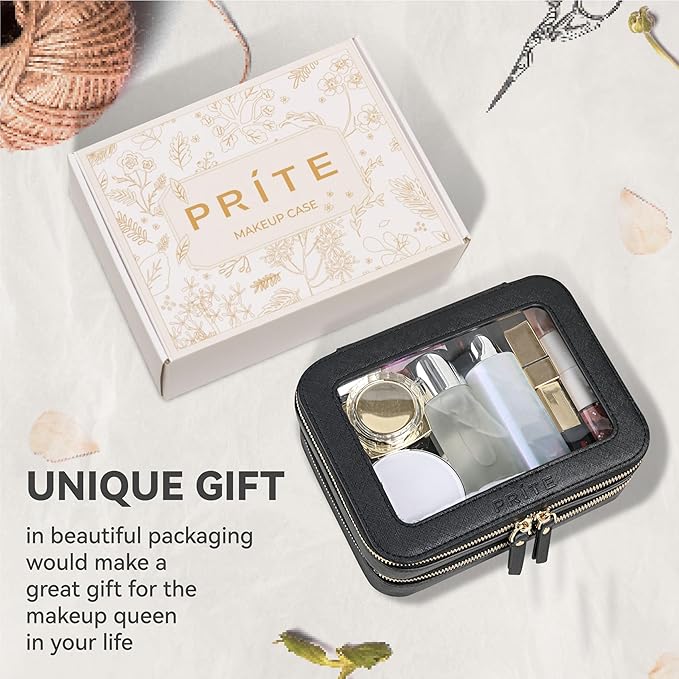 Prite Clear Makeup Bags Double Layer Cosmetic Bags with a Separate Brush Compartment Travel Makeup Bag for Women Travel Accessories Organizer for Purse(Black)