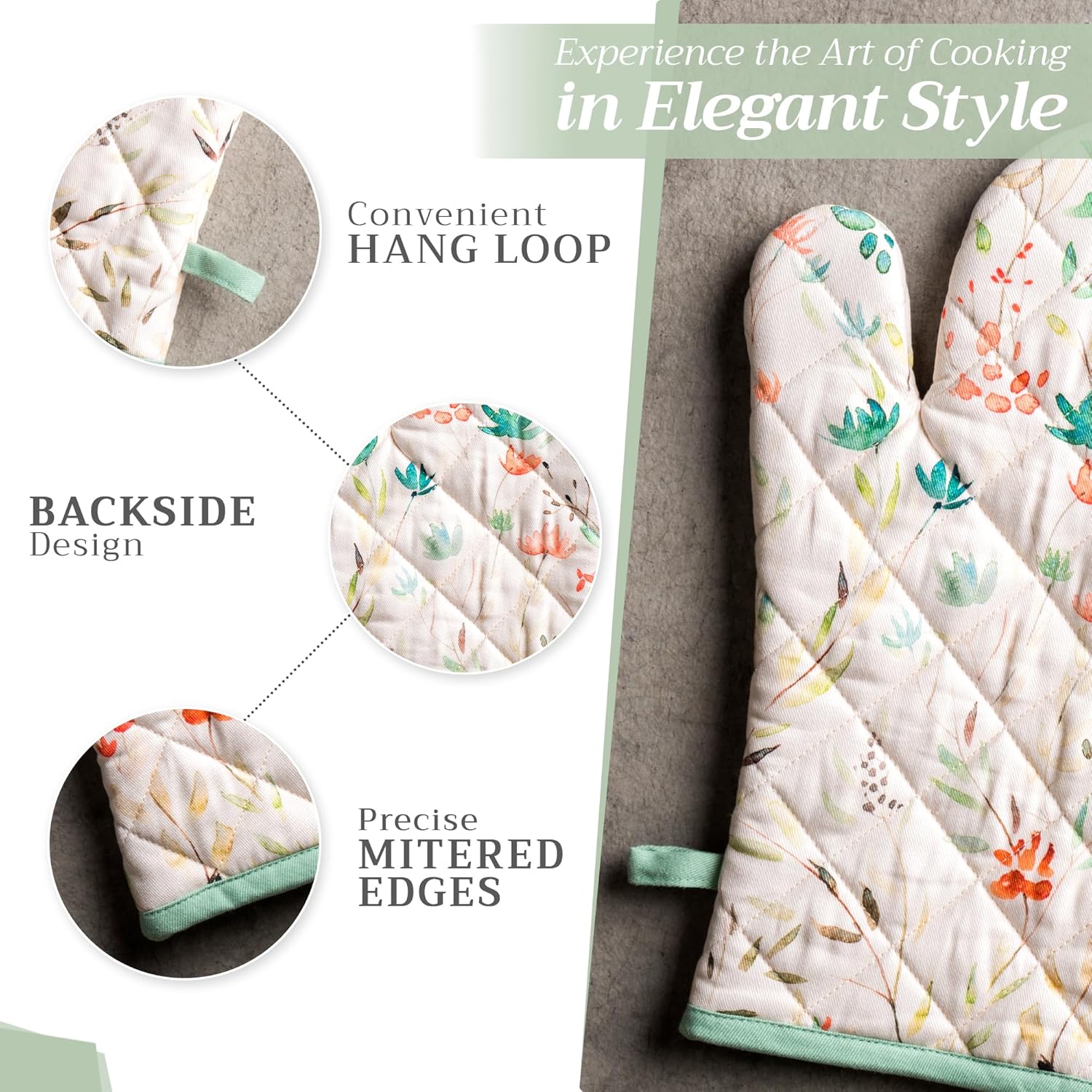 Maison d' Hermine 100% Cotton Oven Mitt & Pot Holder Set (7.5"x13" & 8"x8") Heat Resistant BBQ Cooking Gloves with Loop, Baking, Grilling, Kitchen, Handling Hot Pans Spring/Summer (Colmar)