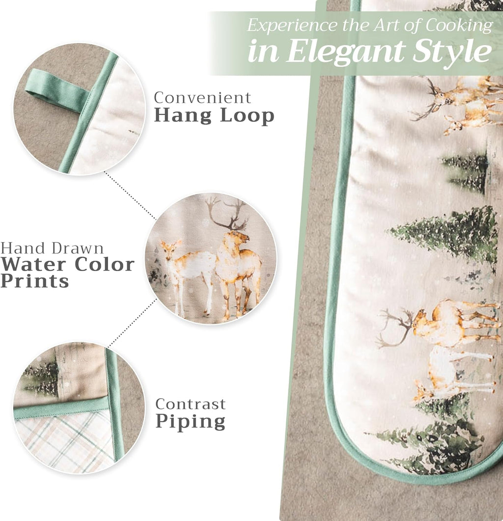 Maison d' Hermine Double Oven Mitt 100% Cotton Heat Resistant Cooking Gloves with Loop, Baking Barbeque, Handling Hot Pan, Deen in The Woods - Thanksgiving/Christmas (7 Inch x 35 Inch)