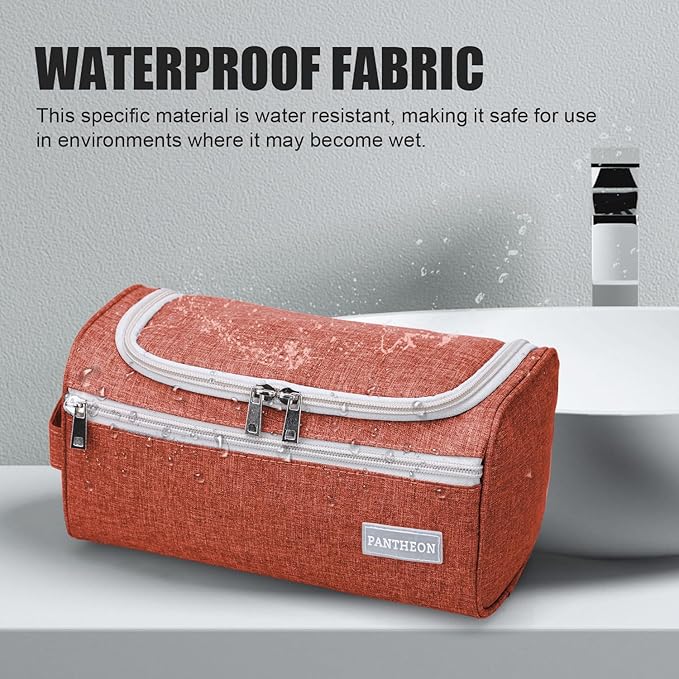 Pantheon Men's Toiletry Bag - Travel Toiletry Bag Wash Bag Hanging Dopp Kit Shaving Kit for Bathroom Shower - Mens Travel Bag Hanging Toiletry Organizer Toiletry Kit for Traveling (Brick Red)