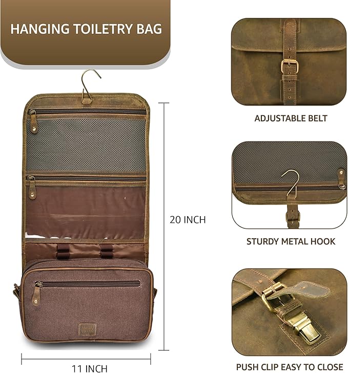 LEATHER VILLAGE Hanging Toiletry Bag for Men & Women, Handcrafted Vintage Cosmetic & Shaving Organizer Travel Dopp Kit- Mud