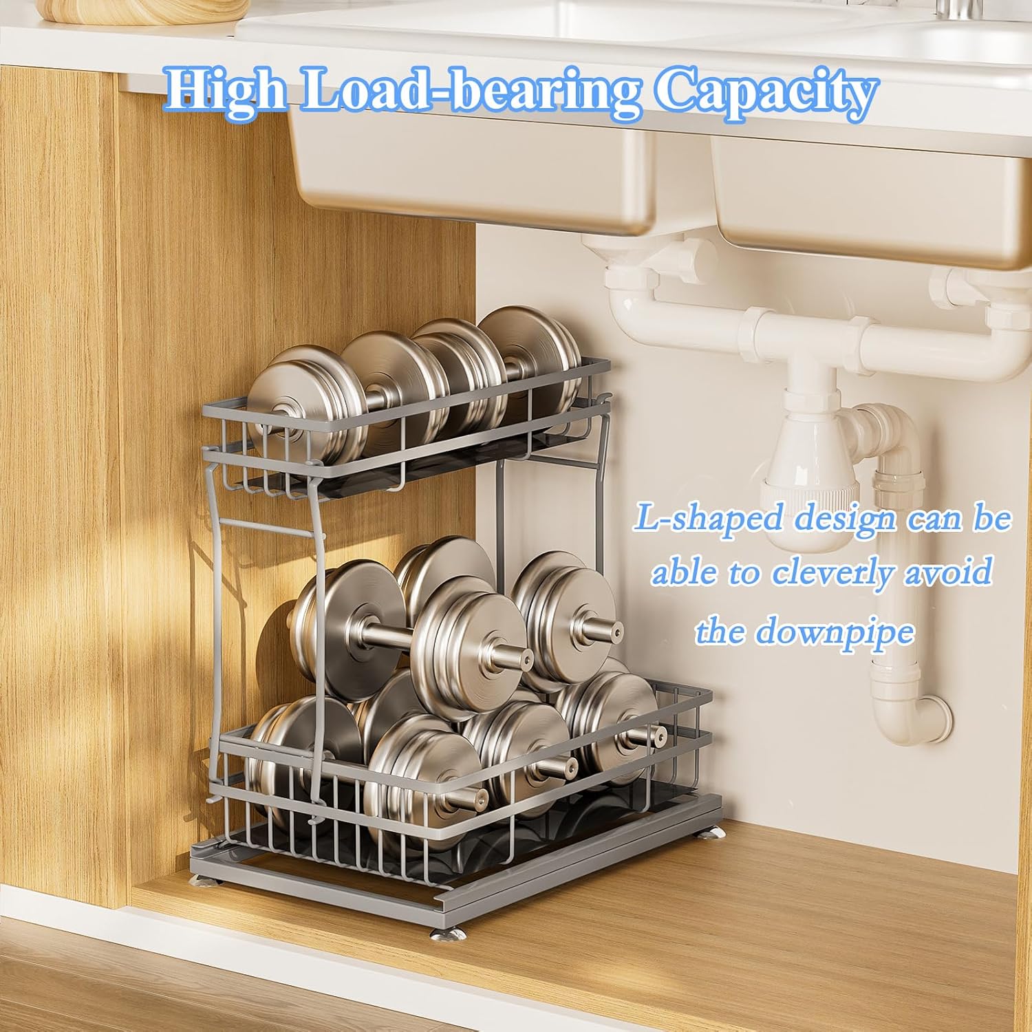 2 Pack Under Sink Organizers and Storage, 2 Tier Pull Out Cabinet Organizer, Metal Sliding Drawer Storage for Kitchen Bathroom，Gray