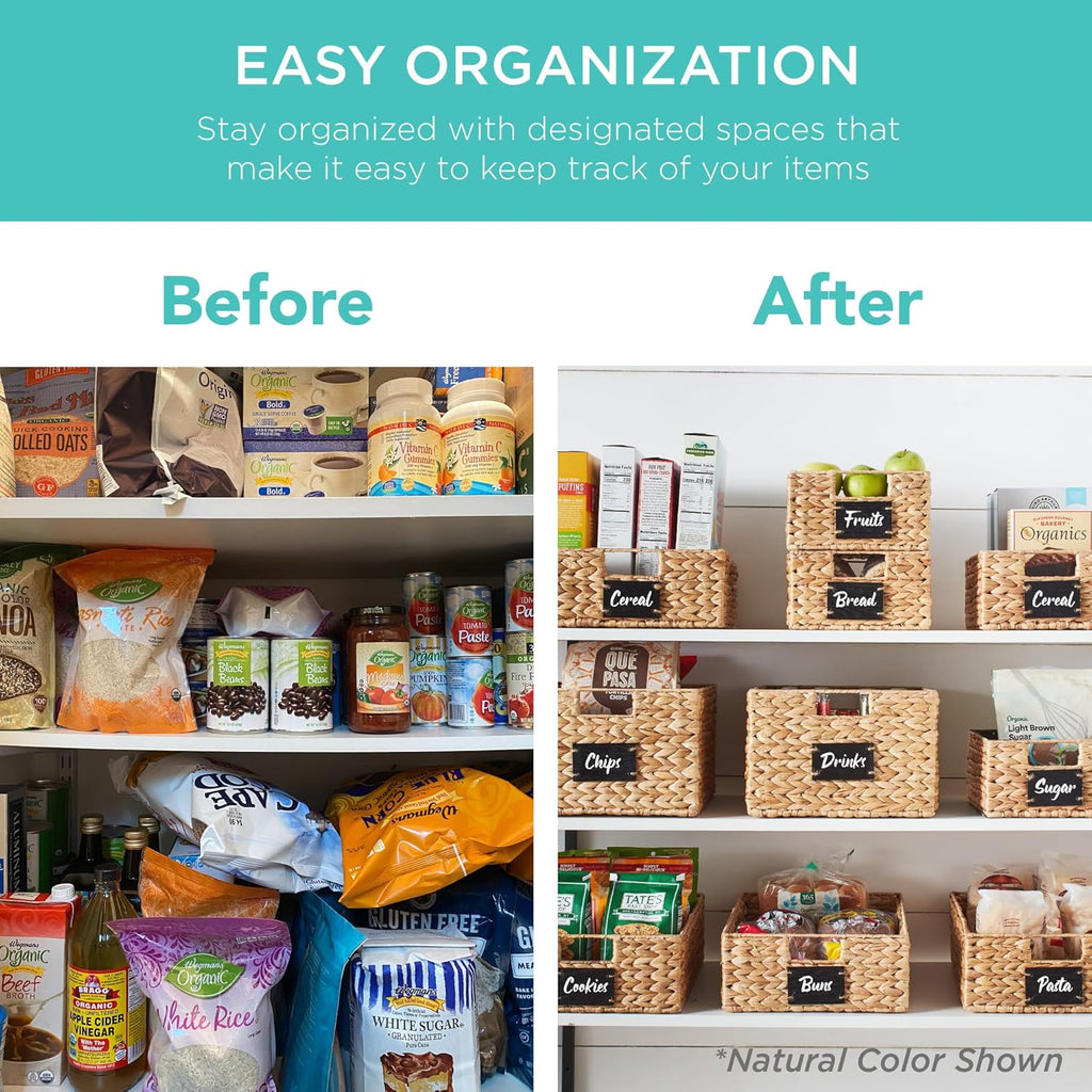 Best Choice Products Pantry Baskets Set of 2 16x12in Water Hyacinth Storage Baskets, Woven Wicker Organizers with handles w/Chalkboard Label Chalk Marker - Black