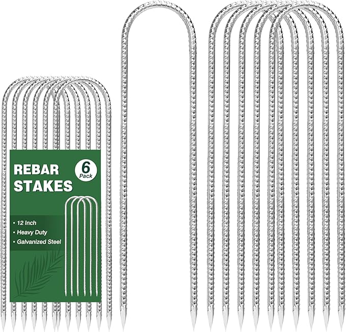 CEWOR 6 Pack 12 Inch Rebar Stakes, U Hook Galvanized Trampoline Stakes High Wind Ground Anchors for Camping Tent, Chain Link Fence, Heavy Duty Metal Steel Yard Landscape Garden Staples