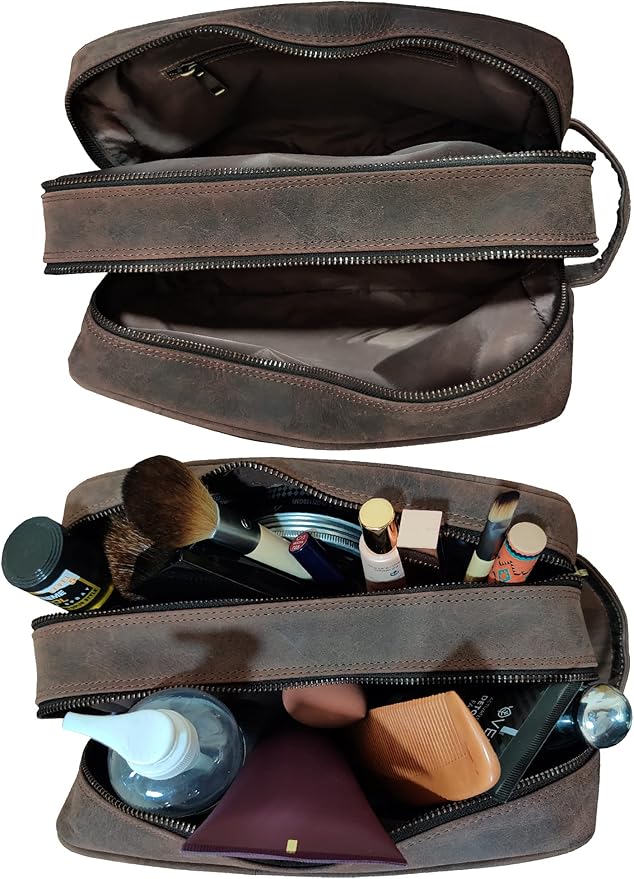 RUSTIC TOWN Full Grain Leather Travel Toiletry Bag - Dopp Kit Organizer (Dark Brown)