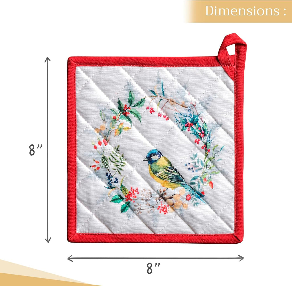 Maison d' Hermine Pot Holders Set 100% Cotton Heat Resistant Potholders 8" x 8" Hot Pads with Loop BBQ, Cooking, Baking, Grilling, Kitchen, Handling Hot Pans (Pack of 2, Morzine)