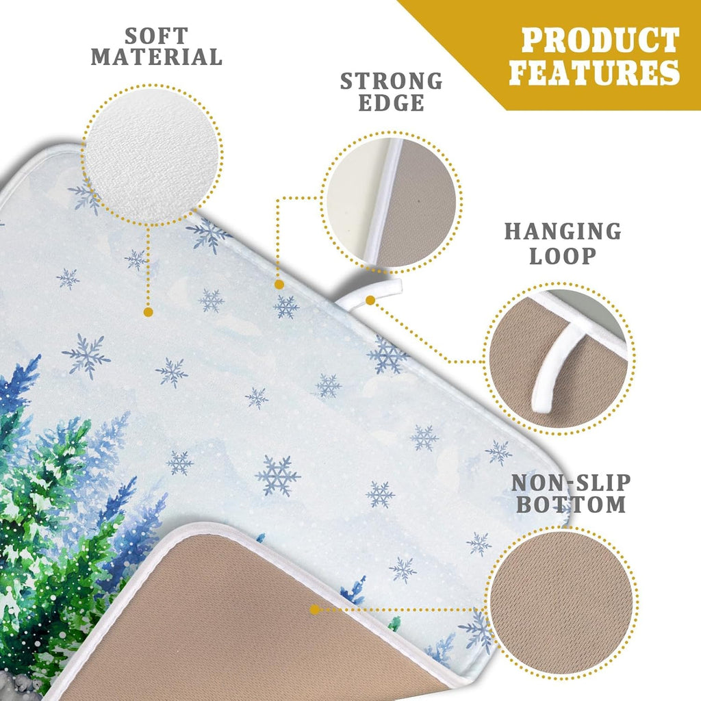 Watercolor Winter Dish Drying Pad Forest Kitchen Mat for Counter for Home Season Decor