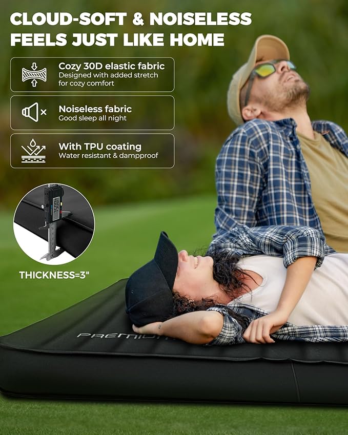 KingCamp Double Sleeping Pad, 2 Person Queen R 7.9 Self Inflating Sleeping Pad, 3" Thick Full Size Foam Mattress Mat with Air Pump for Outdoor Camping Tent Car, PVC Free (Black)