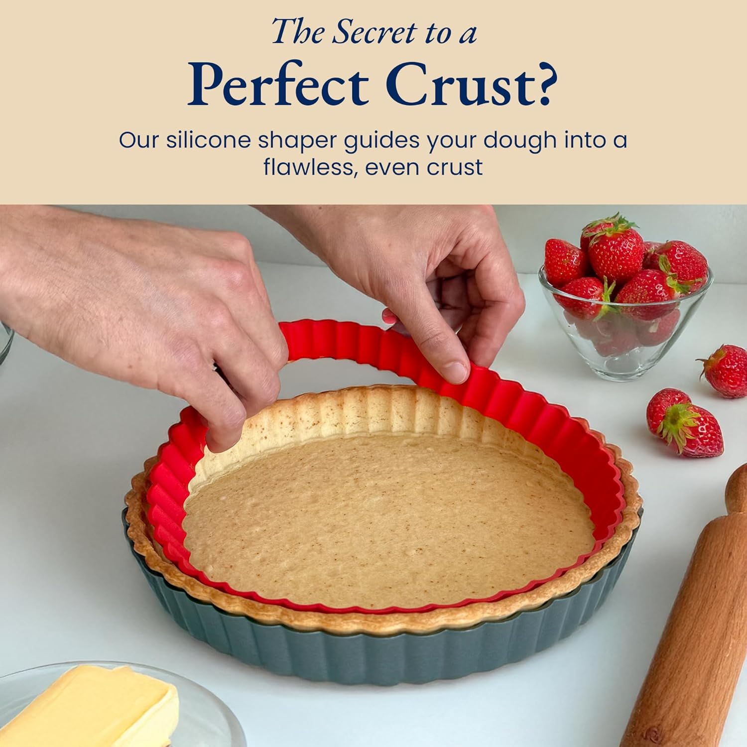 Patz&Patz Classic Tart Pan 9 Inch Removable Bottom with Patented Silicone Crust Shaper | Nonstick Carbon Steel Quiche Baking Dish, Fruit Tart Molds for Baking, Quiche Pan & Pie Mold - PFOA & PTFE-Free