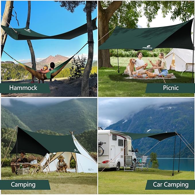 Camping Tarp with Poles & Retainer,15x12.5FT Large Waterproof 210D Oxford Cloth Camping Canopy, UV Blocking Rate 99.99% Tent Tarp Car Awning for Outdoor, Picnic, Hammock, Car, Backpacking(Green-Black)