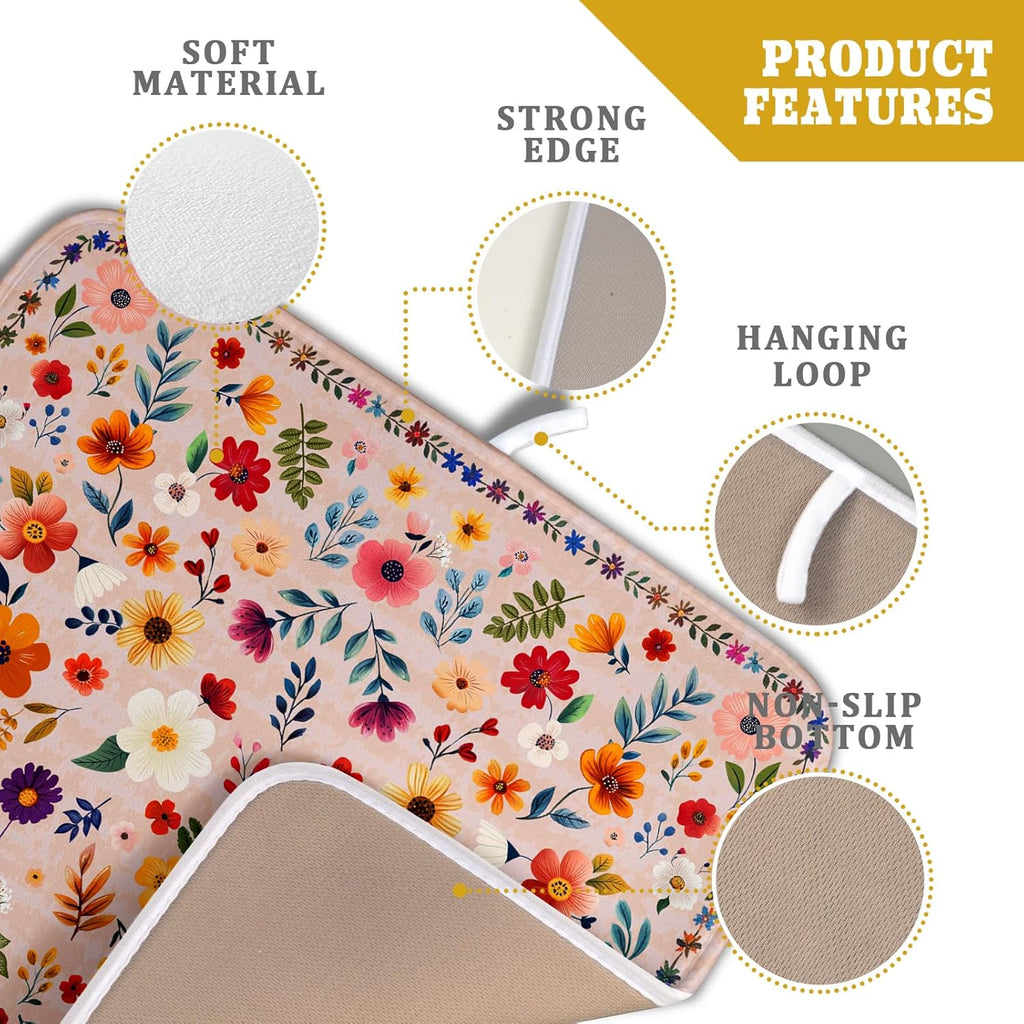 Boho Floral Dish Drying Mat - Pink Wildflower Absorbent Microfiber Kitchen Counter Pad for Home Coffee Bar Decor
