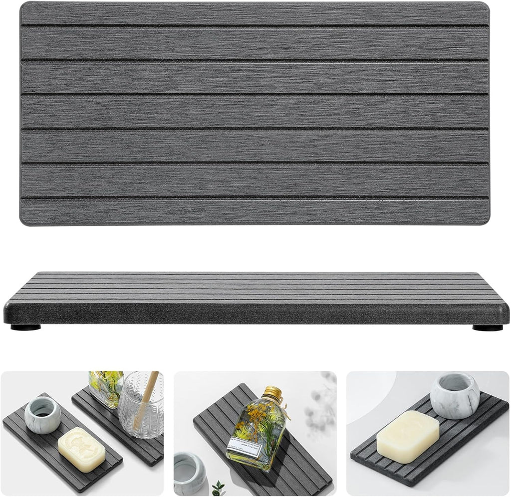 2PCS Diatomite Quick Stone Drying Tray Mat For Bathroom & Kitchen Counter, Instant Dry Water Absorbent Drink Bar Coaster,Vanity Sink Caddy Organizer,Dish Soap Sponge Holder, Dark Gray,8"x3.8"